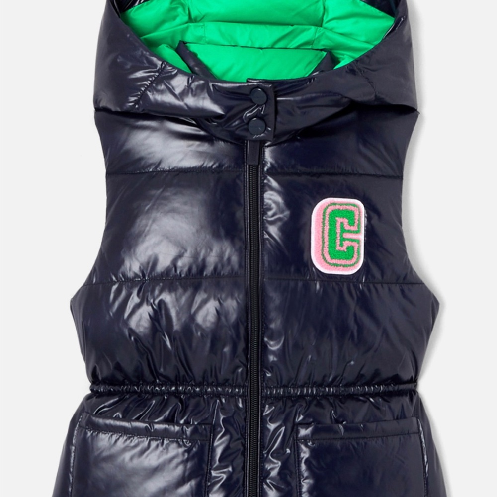 Jacadi Navy Puffer Vest with Green Lining and Pink/Green Patch